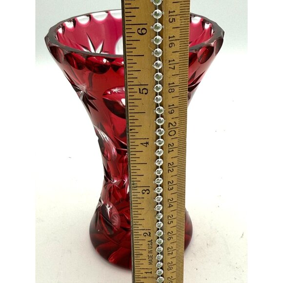 Bohemian Lead Crystal Cut to Clear Cranberry Round Thumb Star Vase VTG - Picture 4 of 7